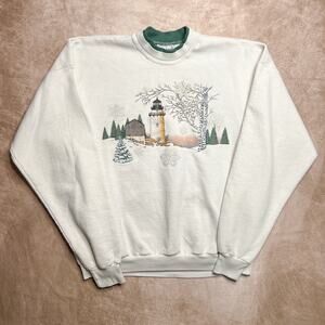 Vintage 90s Morning Sun Lighthouse Winter Cabin Crewneck Sweater Cabincore